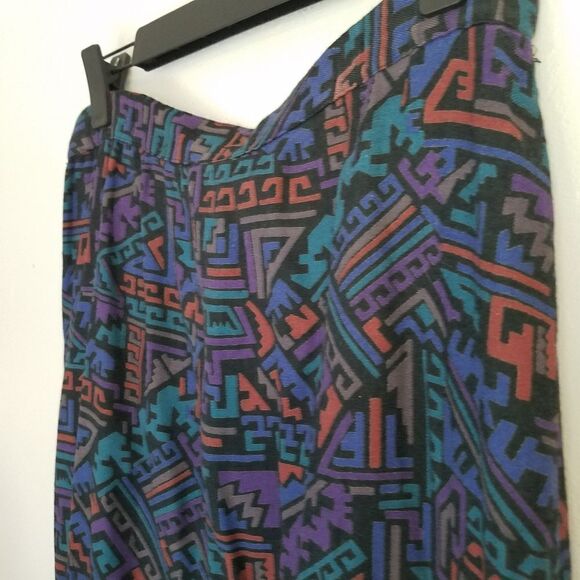 Vintage 80s Adini Geometric Rayon Pleated Soft Midi Button Front Prairie Skirt - Picture 5 of 8